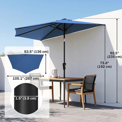 Half Patio Umbrella With Solar LED Lights, Crank, 105.1" x 53.5", Navy Blue Half Round Umbrellas at Gallery Canada