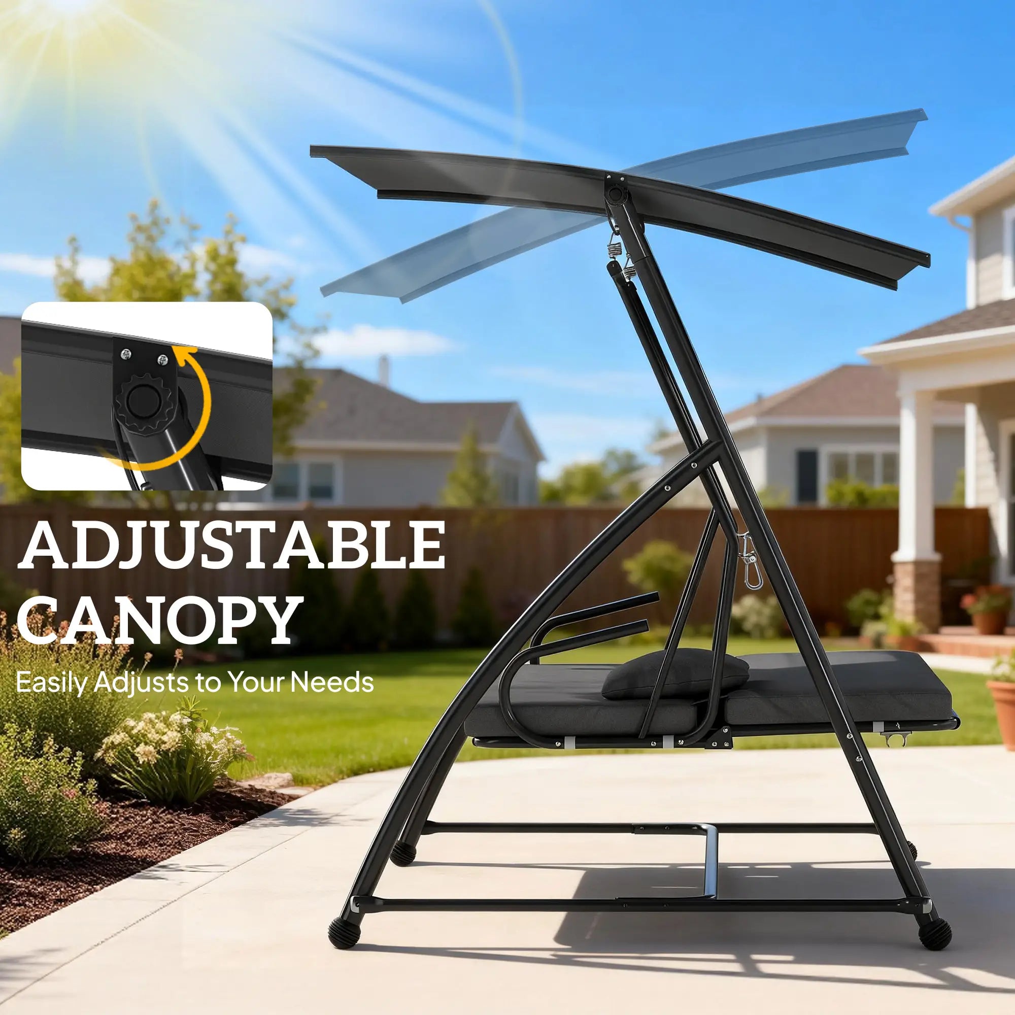 3 Person Patio Swing Chair, Convertible Hammock, Outdoor Lounge Bed, Dark Grey Porch Swings with Canopy at Gallery Canada