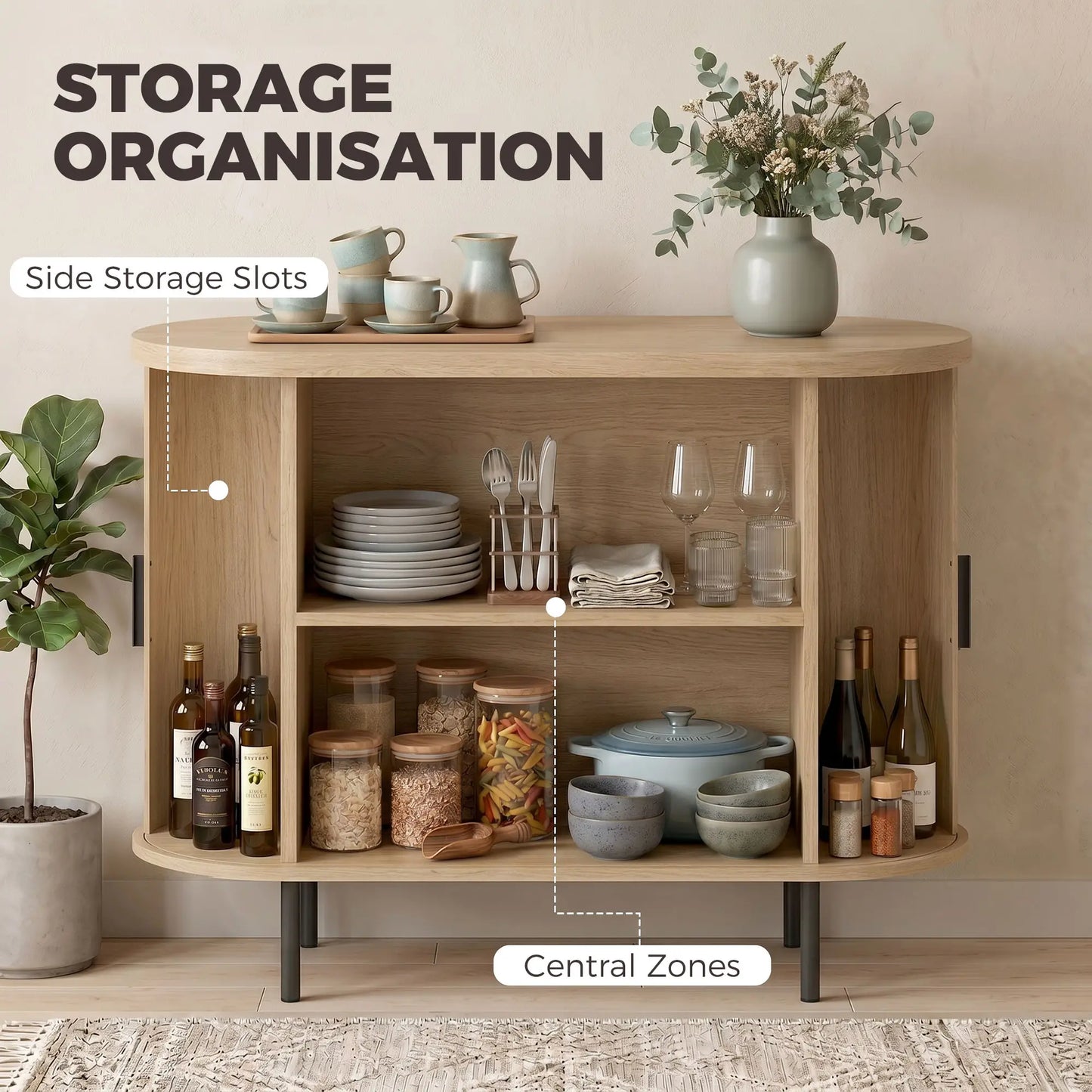 Sideboard Buffet Cabinet with Curved Tambour Doors, Natural Wood, Natural Wood