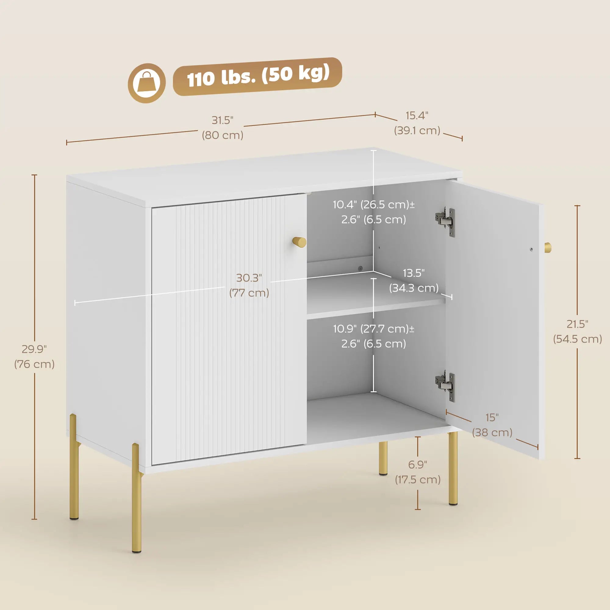 Sideboard, Modern Buffet Cabinet, Fluted Doors, Adjustable Shelf, White Storage Cabinets at Gallery Canada