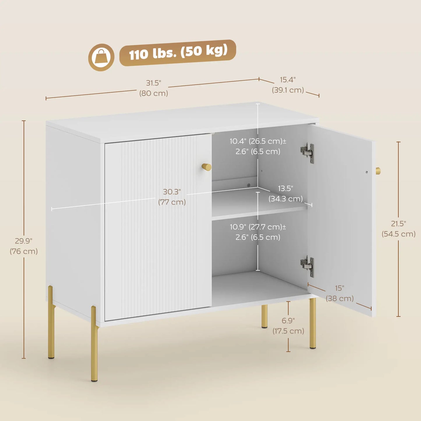 Sideboard, Modern Buffet Cabinet, Fluted Doors, Adjustable Shelf, White Storage Cabinets at Gallery Canada