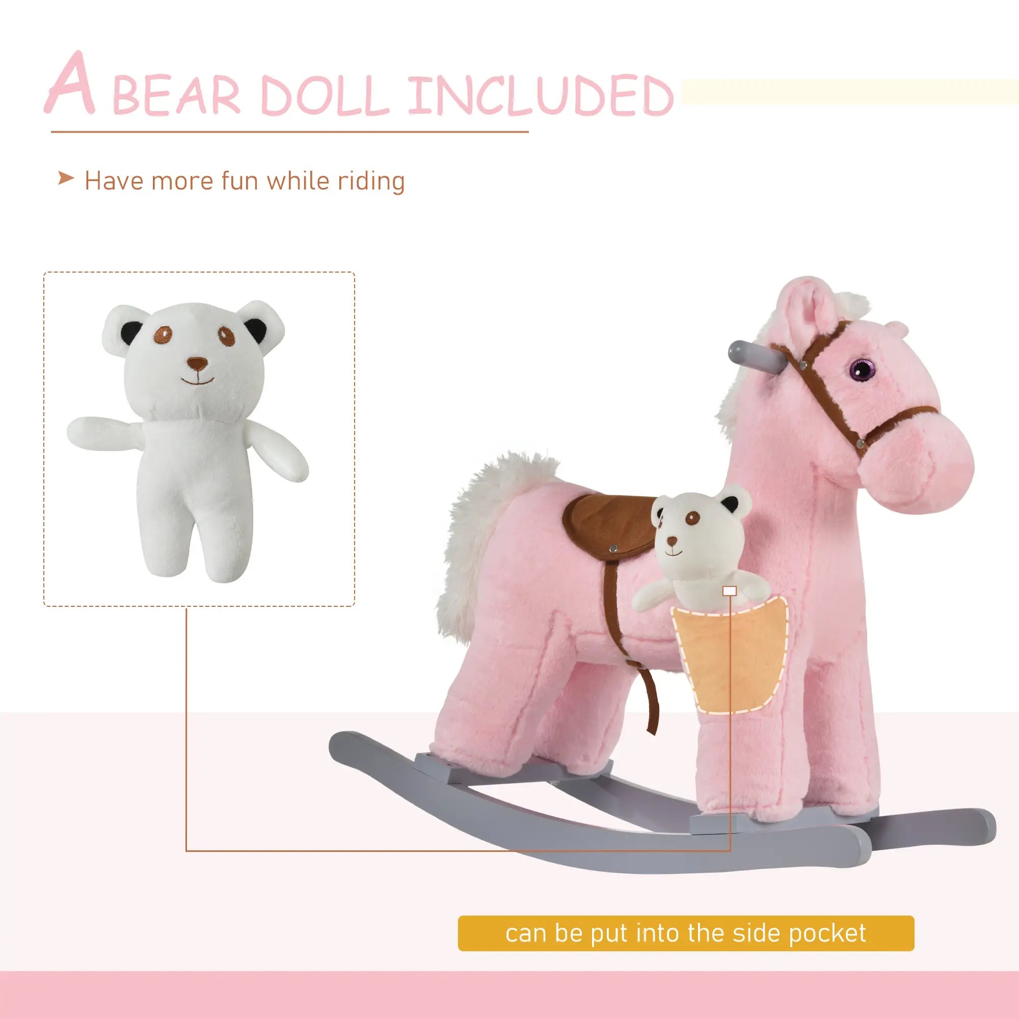 Kids Plush Ride-On Rocking Horse, Soft Bear Toy, Realistic Sounds, Pink Rocking Horses at Gallery Canada