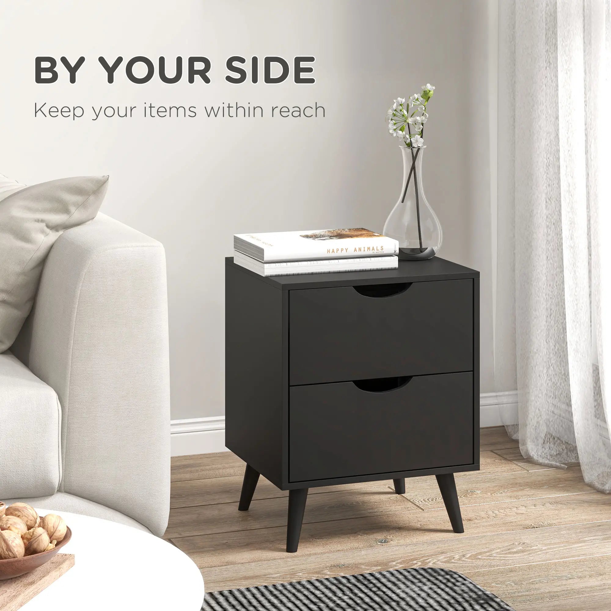 Modern Bedside Table, Nightstand with 2 Drawers, Pine Wood Legs, Black Bedside Tables at Gallery Canada