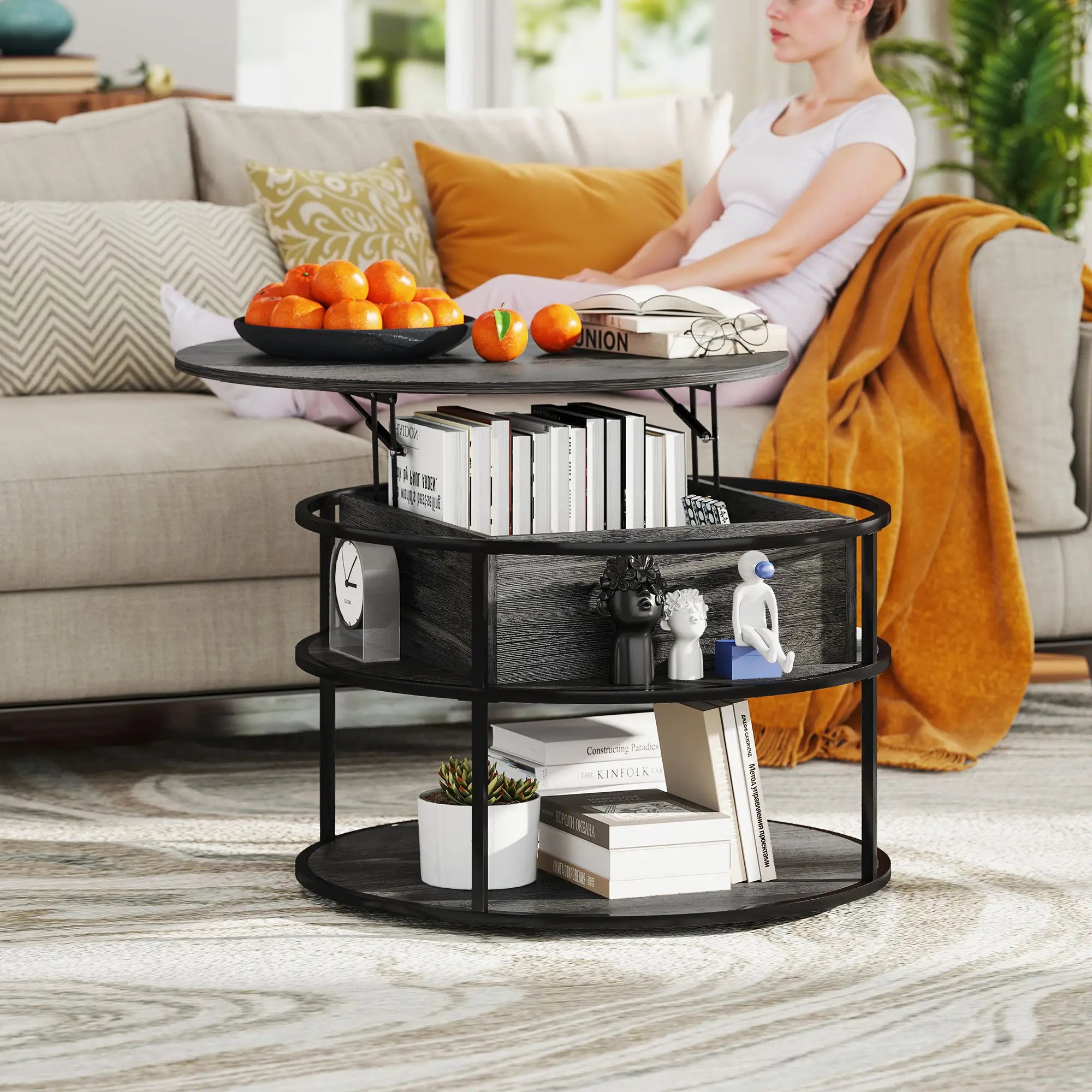 Round Lift Top Coffee Table, Storage Shelf, Hidden Compartment, Steel Frame, Distressed, Dark Grey Coffee Tables at Gallery Canada