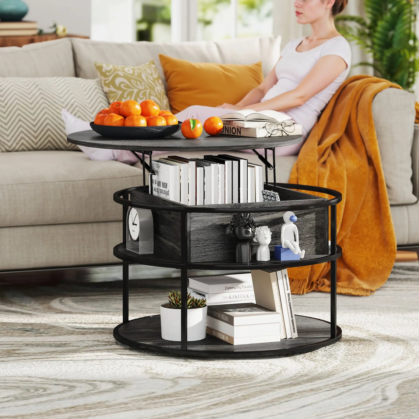 Round Lift Top Coffee Table, Storage Shelf, Hidden Compartment, Steel Frame, Distressed, Dark Grey Coffee Tables at Gallery Canada