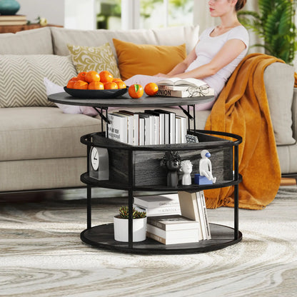 Round Lift Top Coffee Table, Storage Shelf, Hidden Compartment, Steel Frame, Distressed, Dark Grey Coffee Tables at Gallery Canada