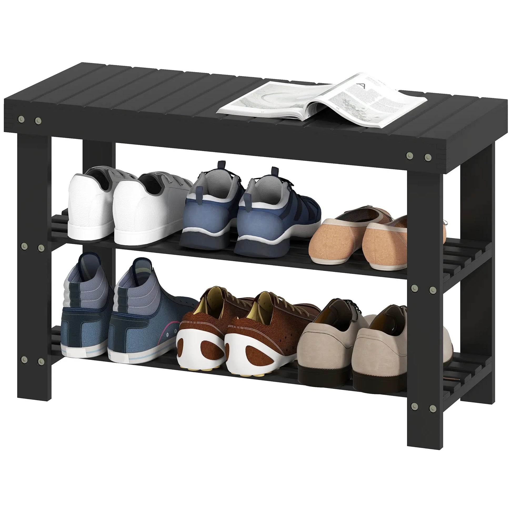 Bamboo Shoe Storage Bench, 3-Tier, 2 Shelves, Holds 6 Pairs, Black Shoe Storage Cabinets & Racks Black at Gallery Canada