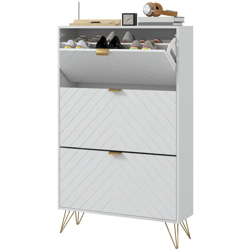 Modern Shoe Storage Cabinet, 3 Flip Drawers for 18 Pairs, Narrow, White