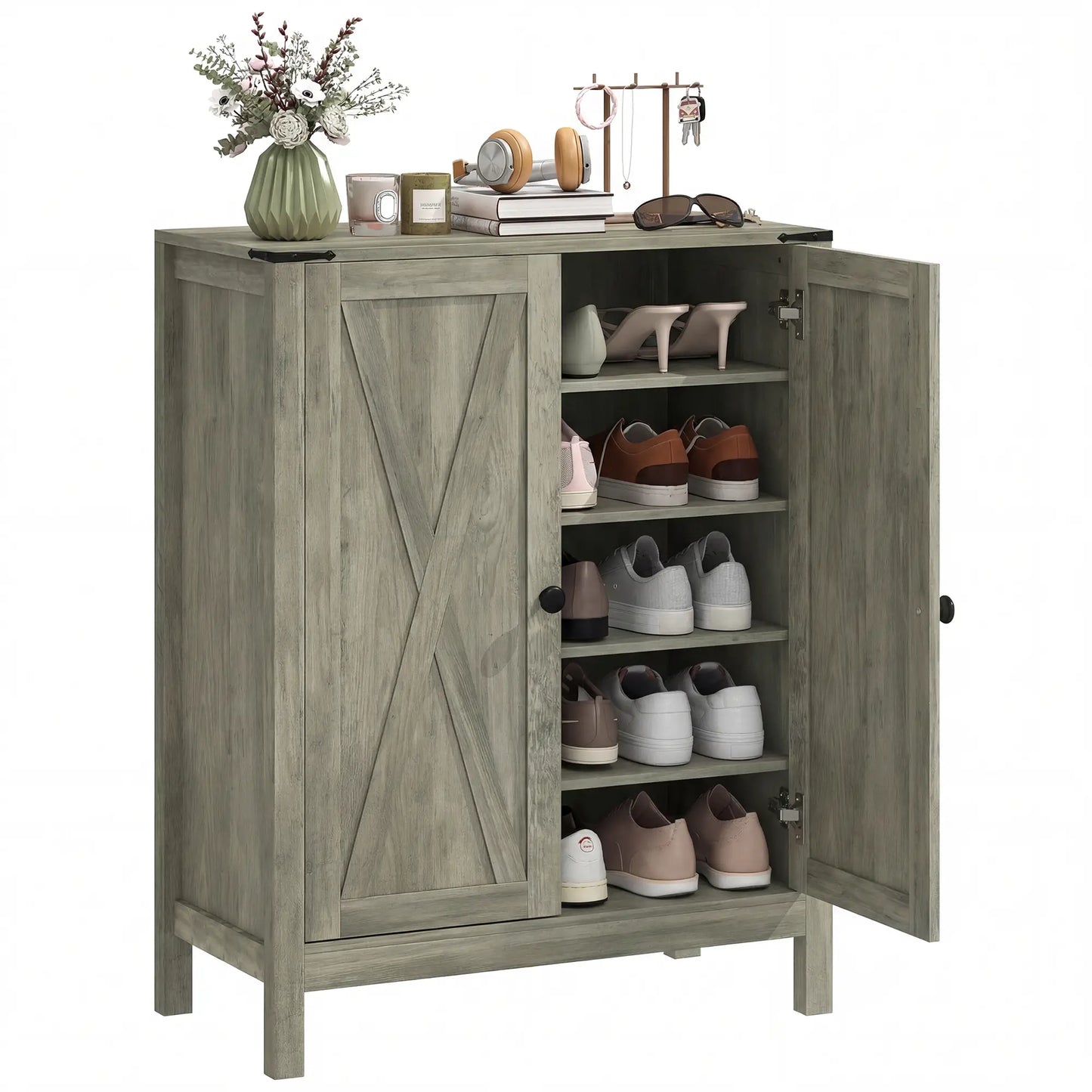 Shoe Cabinet With Barn Doors, Adjustable Shelves, Holds 15 Pairs, Grey Shoe Storage Cabinets & Racks at Gallery Canada