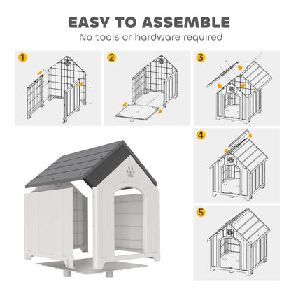 Large Plastic Dog House Outdoor Indoor, Water Resistant Puppy Shelter with Base Support, 34.6" L x 31.1" W x 35" H