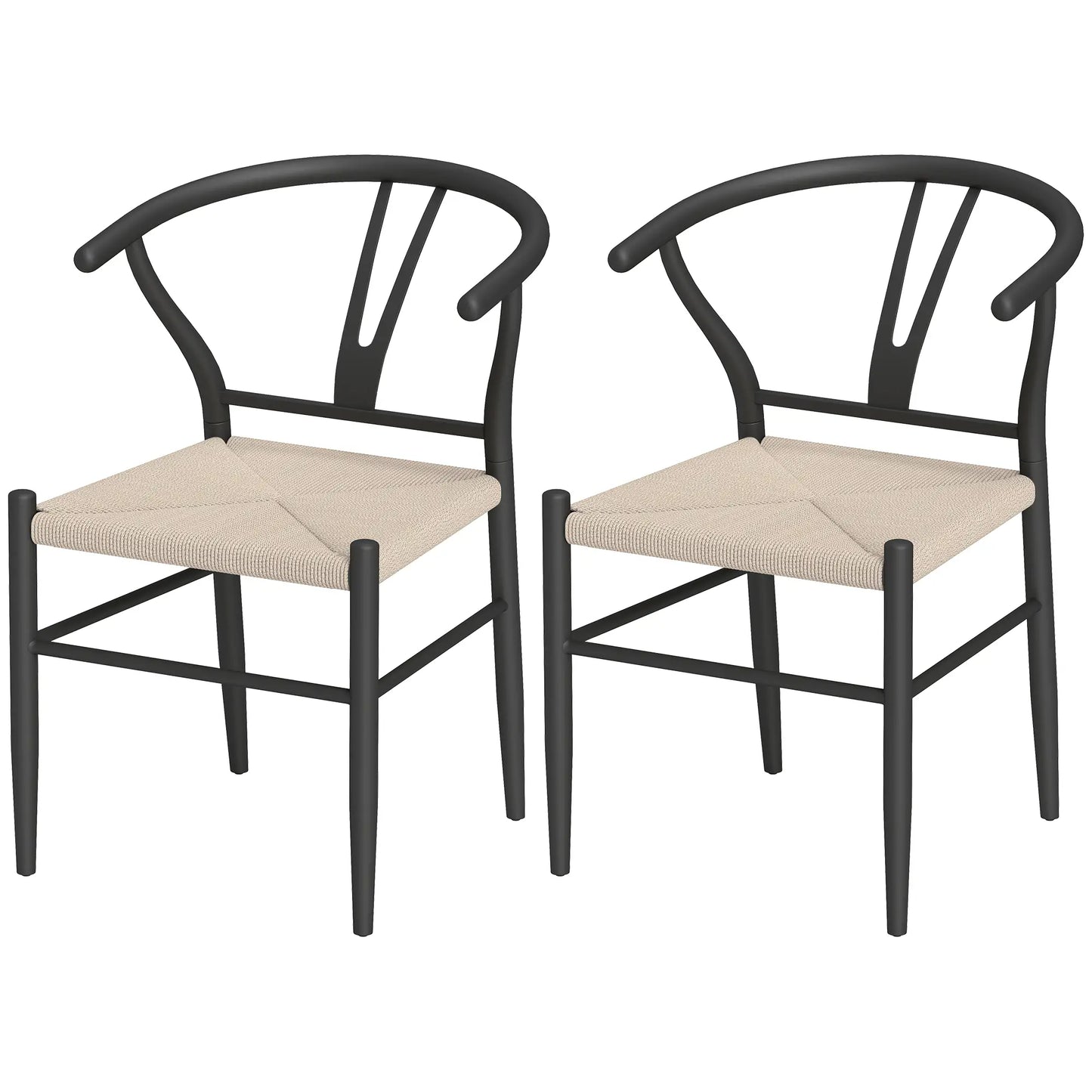 Set of 2 Weave Dining Chairs, Mid-Century Modern, Y-Shaped Backrest, Hemp Seat, Black Dining Chairs Black, Beige at Gallery Canada