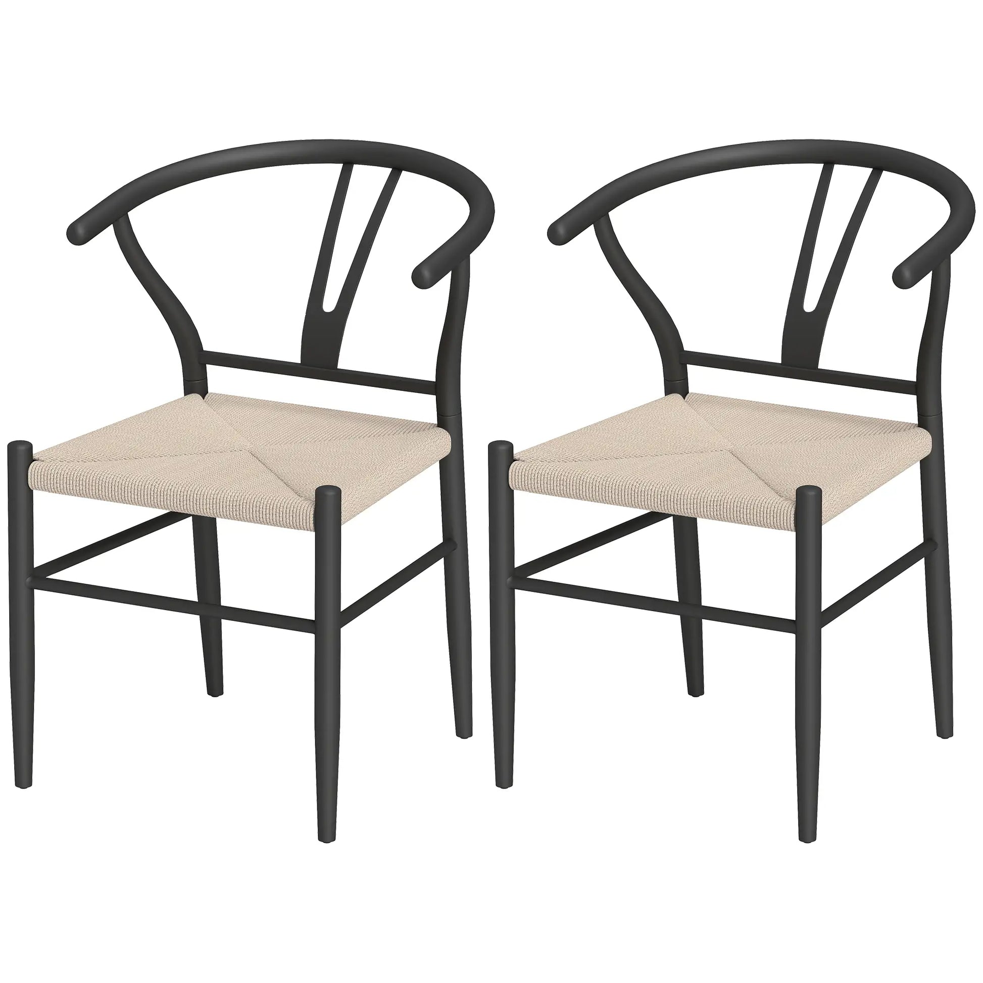 Set of 2 Weave Dining Chairs, Mid-Century Modern, Y-Shaped Backrest, Hemp Seat, Black Dining Chairs Black, Beige at Gallery Canada