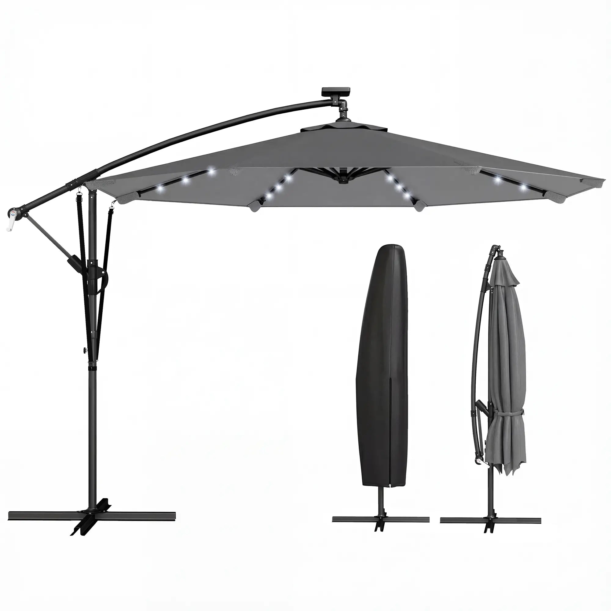 9.7ft Solar LED Cantilever Patio Umbrella, 32 LED Lights, Cross Base, Crank Handle, Dark Grey Offset Cantilever Umbrellas at Gallery Canada
