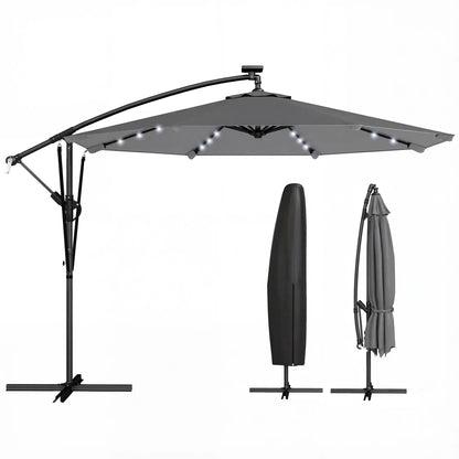 9.7ft Solar LED Cantilever Patio Umbrella, 32 LED Lights, Cross Base, Crank Handle, Dark Grey Offset Cantilever Umbrellas at Gallery Canada
