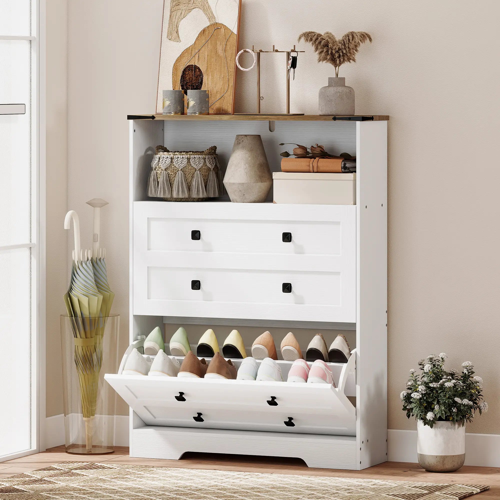 Shoe Cabinet, 2 Flip Drawers, Narrow Storage, White Shoe Storage Cabinets & Racks at Gallery Canada