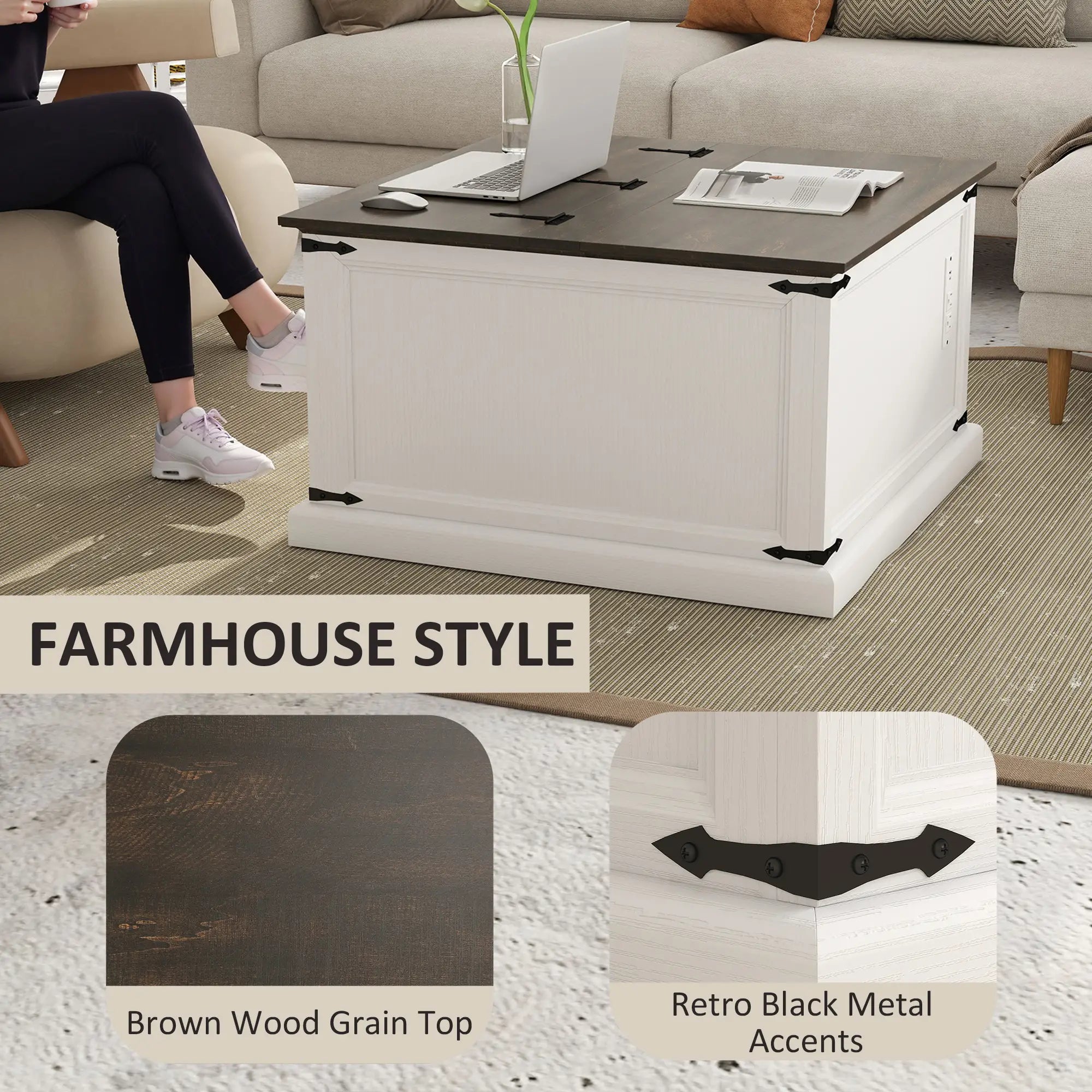 Lift Top Coffee Table, Square Farmhouse Center Table, White Wood Grain, White Coffee Tables at Gallery Canada