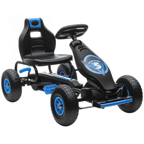Kids Pedal Go Kart, Adjustable Seat, Rubber Wheels, Hand Brake, Ages 5-12, Blue