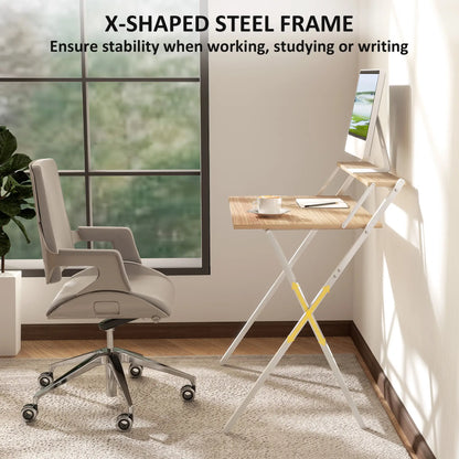 32" Folding Computer Desk with Monitor Shelf, Natural Wood Office Desks & Work Stations at Gallery Canada