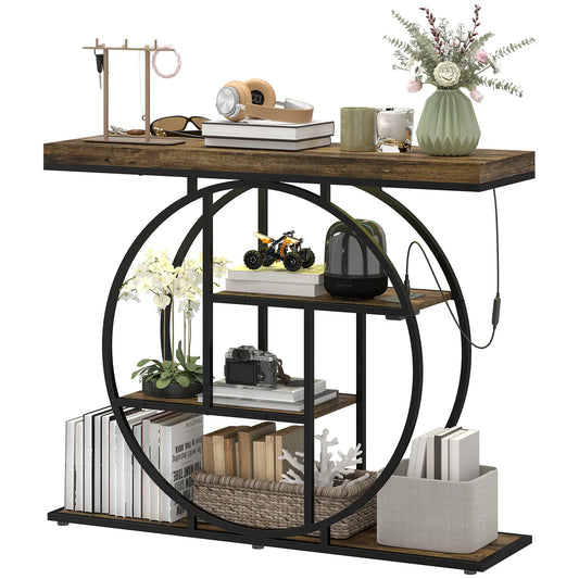 4-Tier Console Table With Charging Station, LED Lights, 39", Rustic Brown