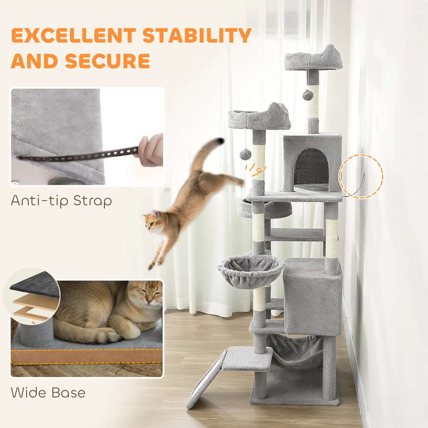 76 Inch Large Cat Tree, 8 Scratching Posts, 3 Beds, 2 Hammocks, Light Grey Cat Towers at Gallery Canada