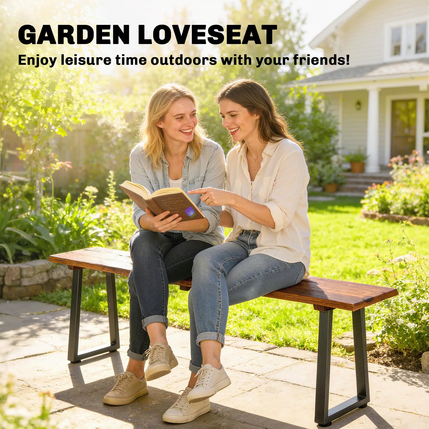 Outdoor Wood Bench For Two, 59" Backless Patio Garden Bench With Steel Legs Outdoor Benches at Gallery Canada