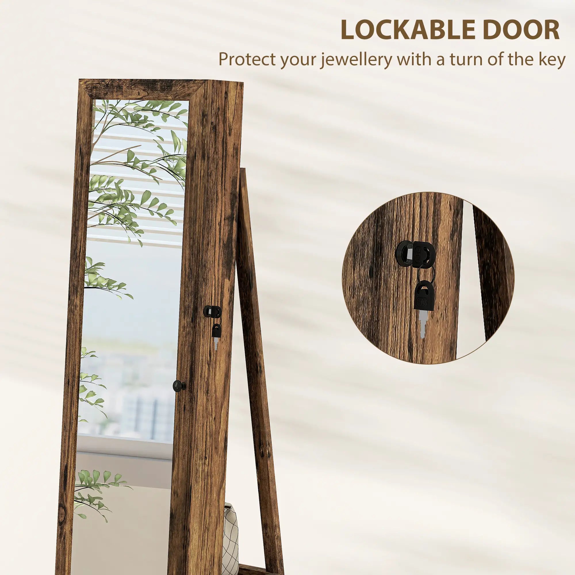 360° Swivel Jewelry Armoire, Lockable Mirror Cabinet, Rustic Brown Jewelry Armoire & Jewellery Mirror Cabinets at Gallery Canada