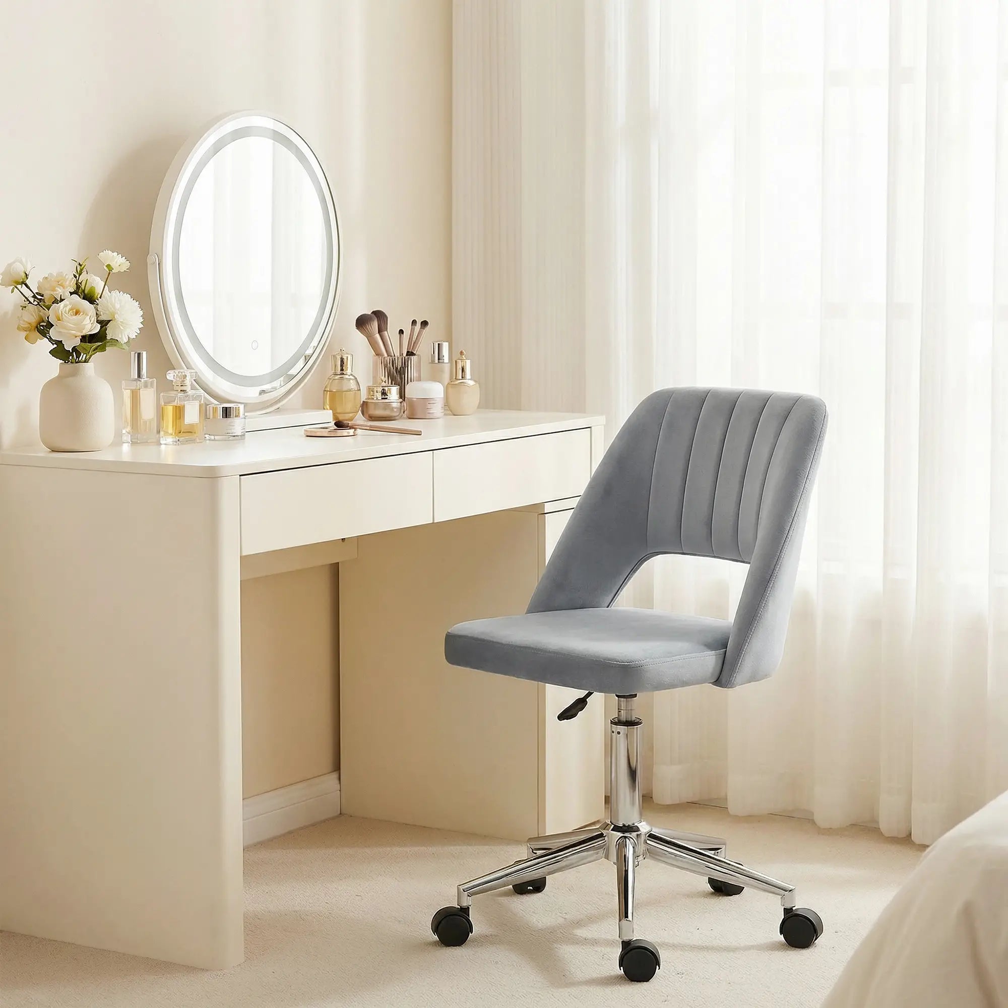 Velvet Swivel Office Chair, Scallop Back, Grey Task Chairs at Gallery Canada