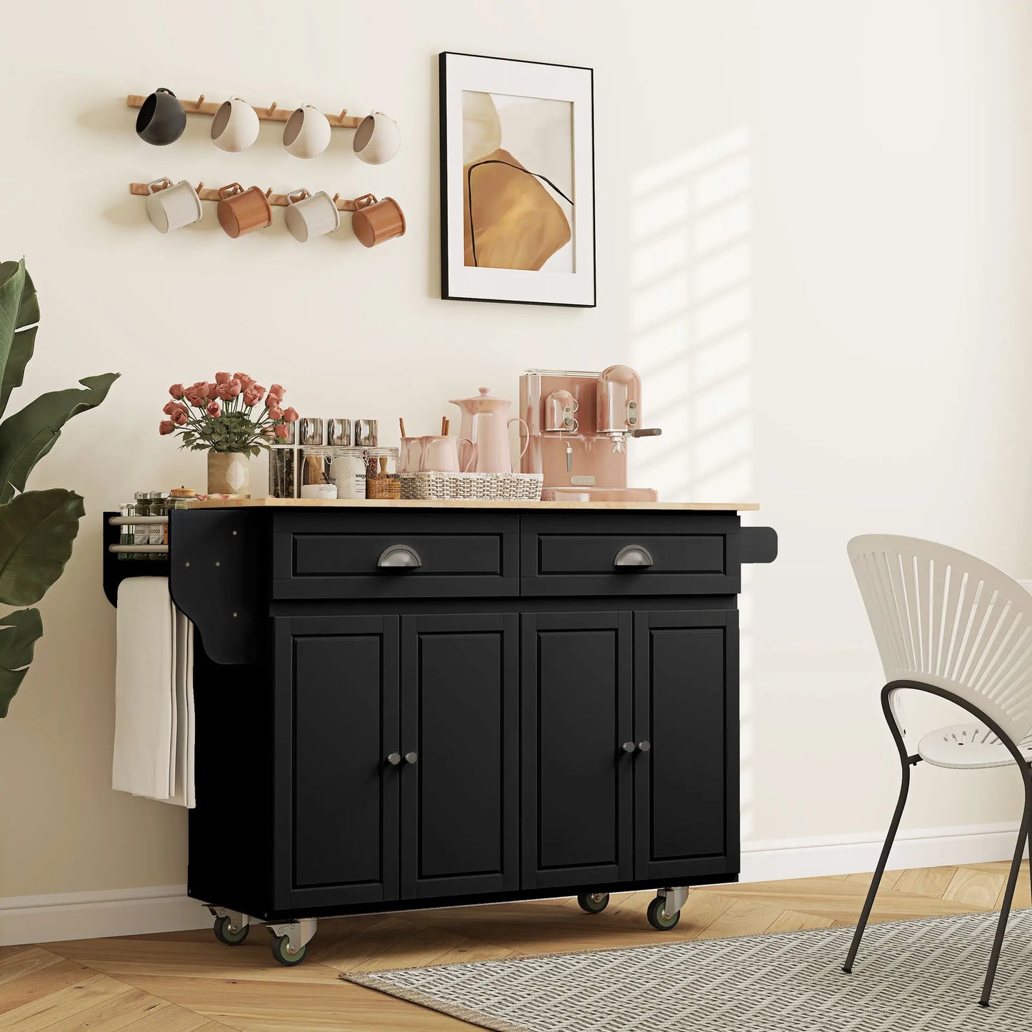 Kitchen Island with Storage, Drop Leaf, Rubber Wood Top, Black Kitchen Islands & Kitchen Carts at Gallery Canada
