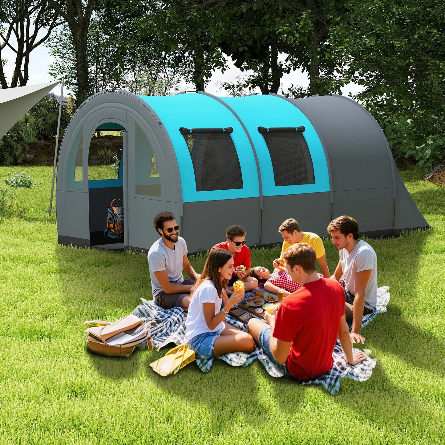 5-6 Person Camping Tent, Living Room Bedroom, 3000mm Waterproof, Grey Blue Camping Tents at Gallery Canada