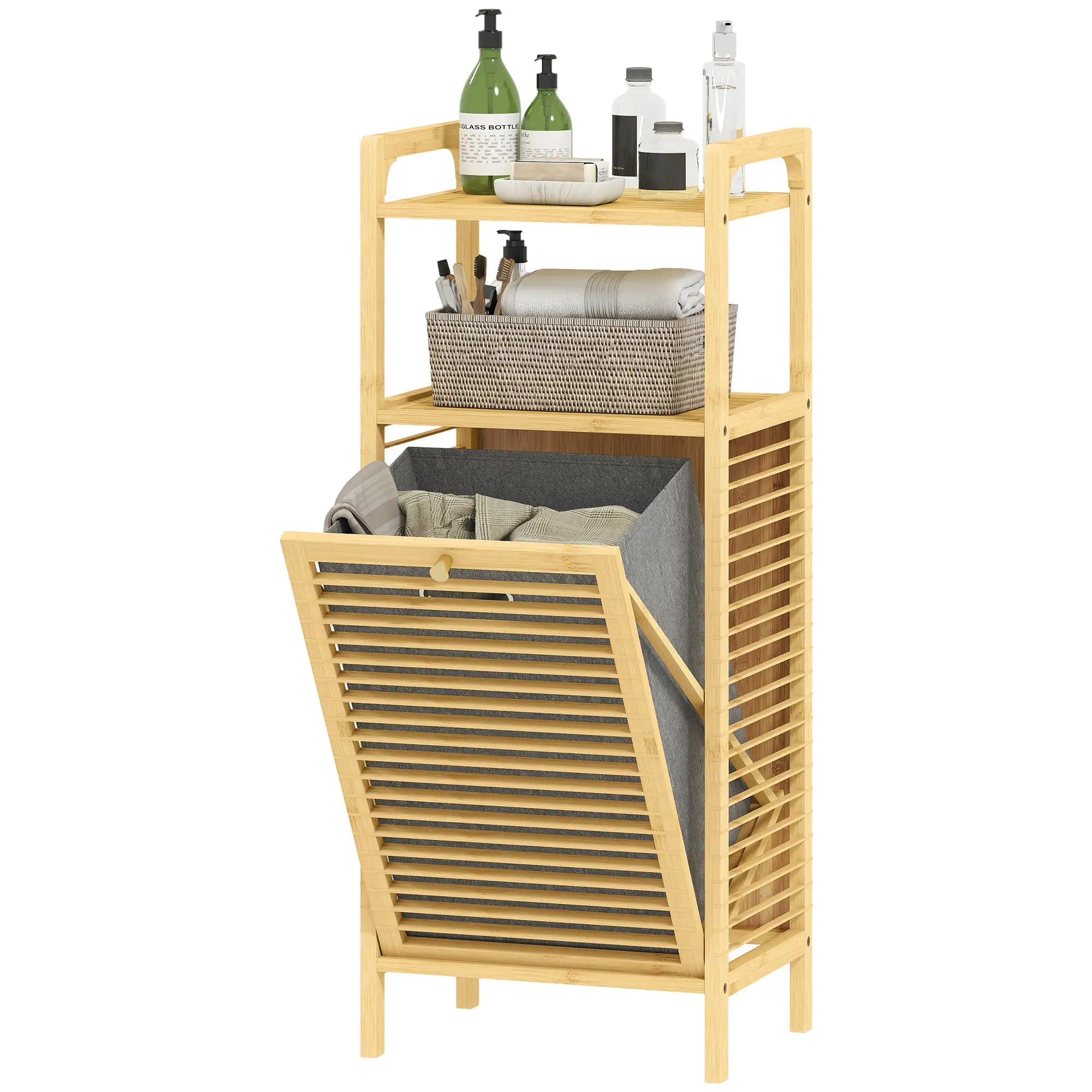 Bamboo Laundry Cabinet, Tilt Out Hamper with Basket, Natural Bathroom Cabinets Natural, Grey at Gallery Canada