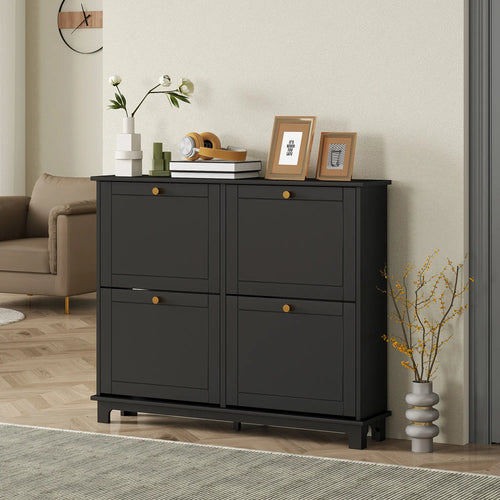 Modern Shoe Storage Cabinet, 4 Flip Drawers, Adjustable Shelves, 5 Legs, Black