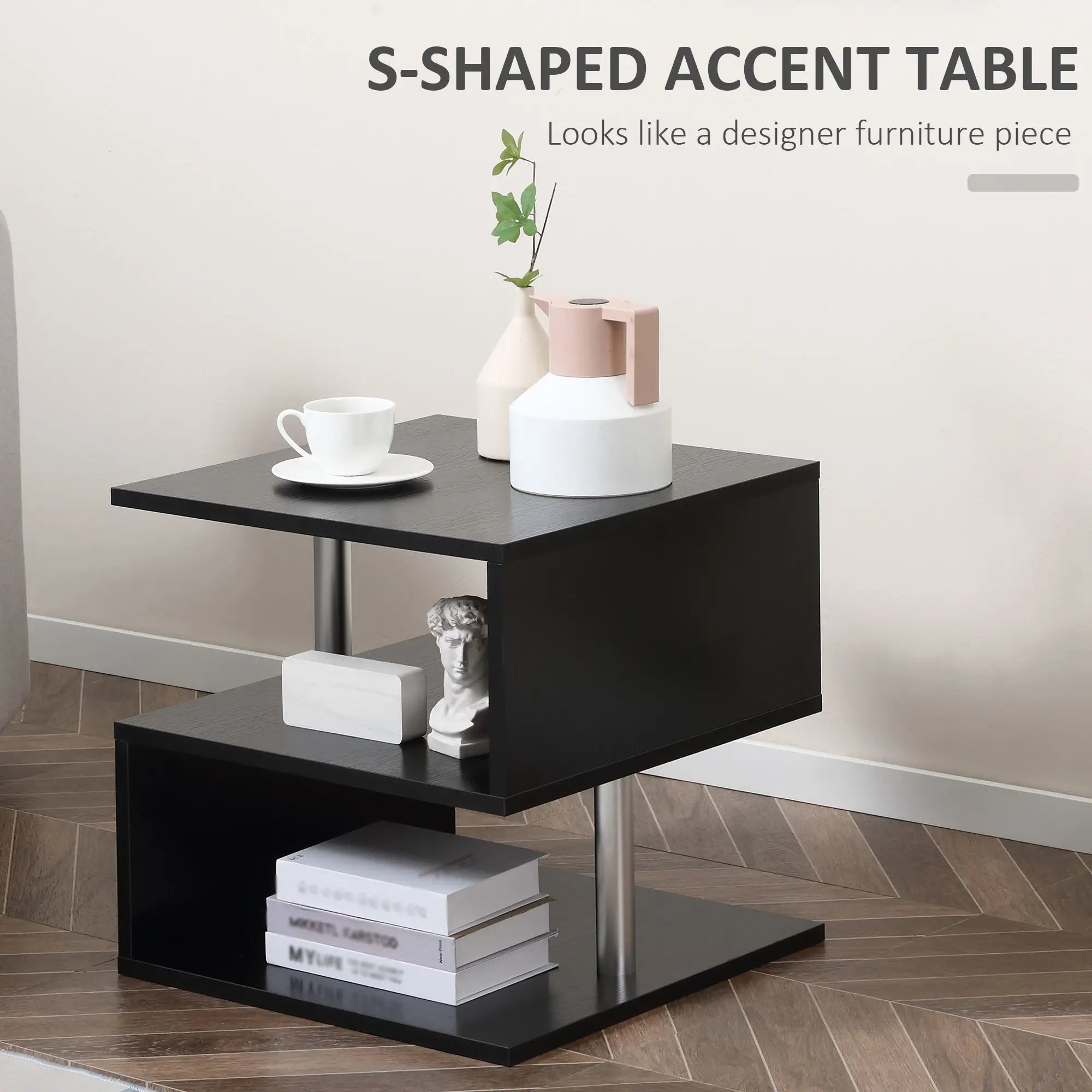 Wooden S Shape End Table, 3 Tier Storage Shelves, Black Side Tables at Gallery Canada