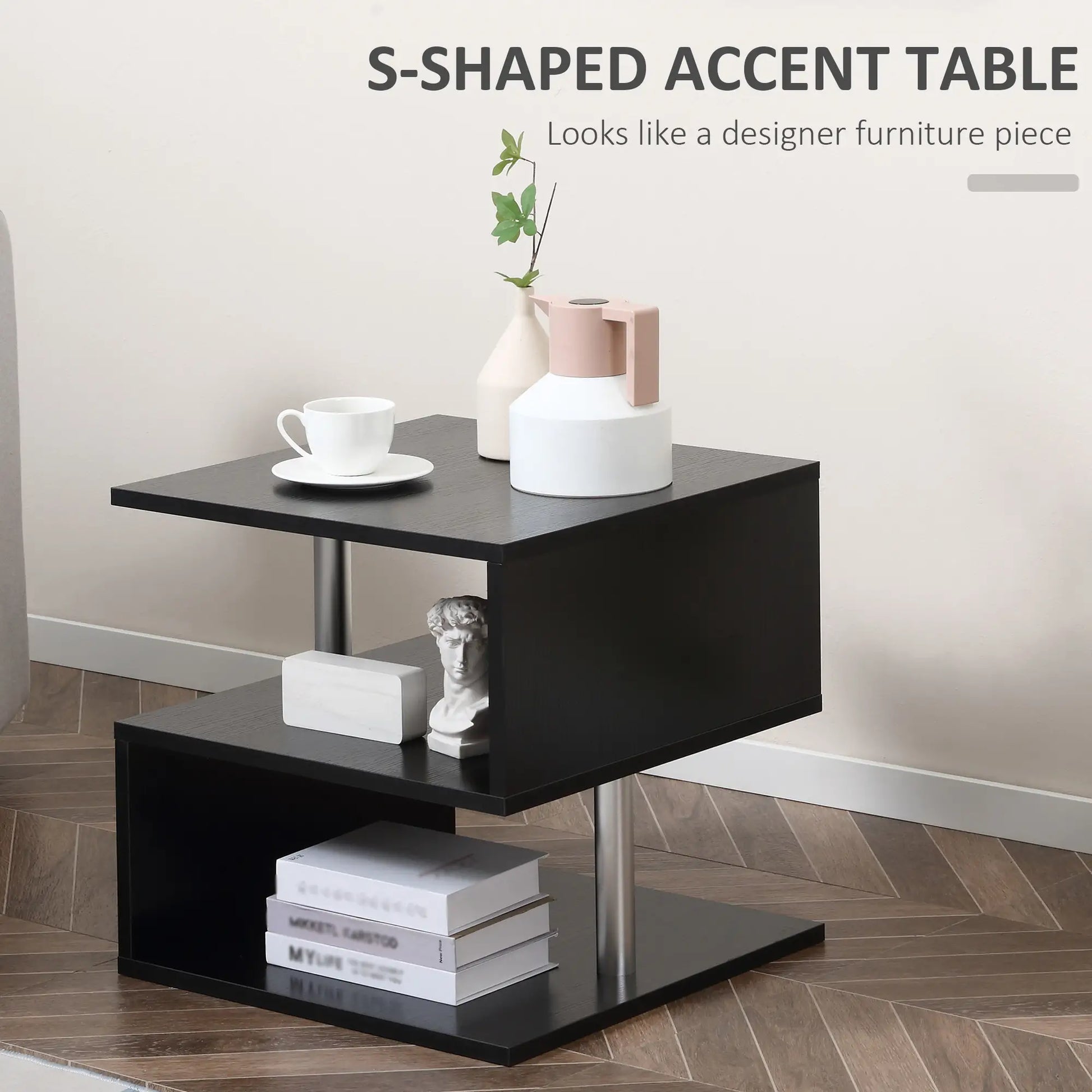 Wooden S Shape End Table, 3 Tier Storage Shelves, Black Side Tables at Gallery Canada