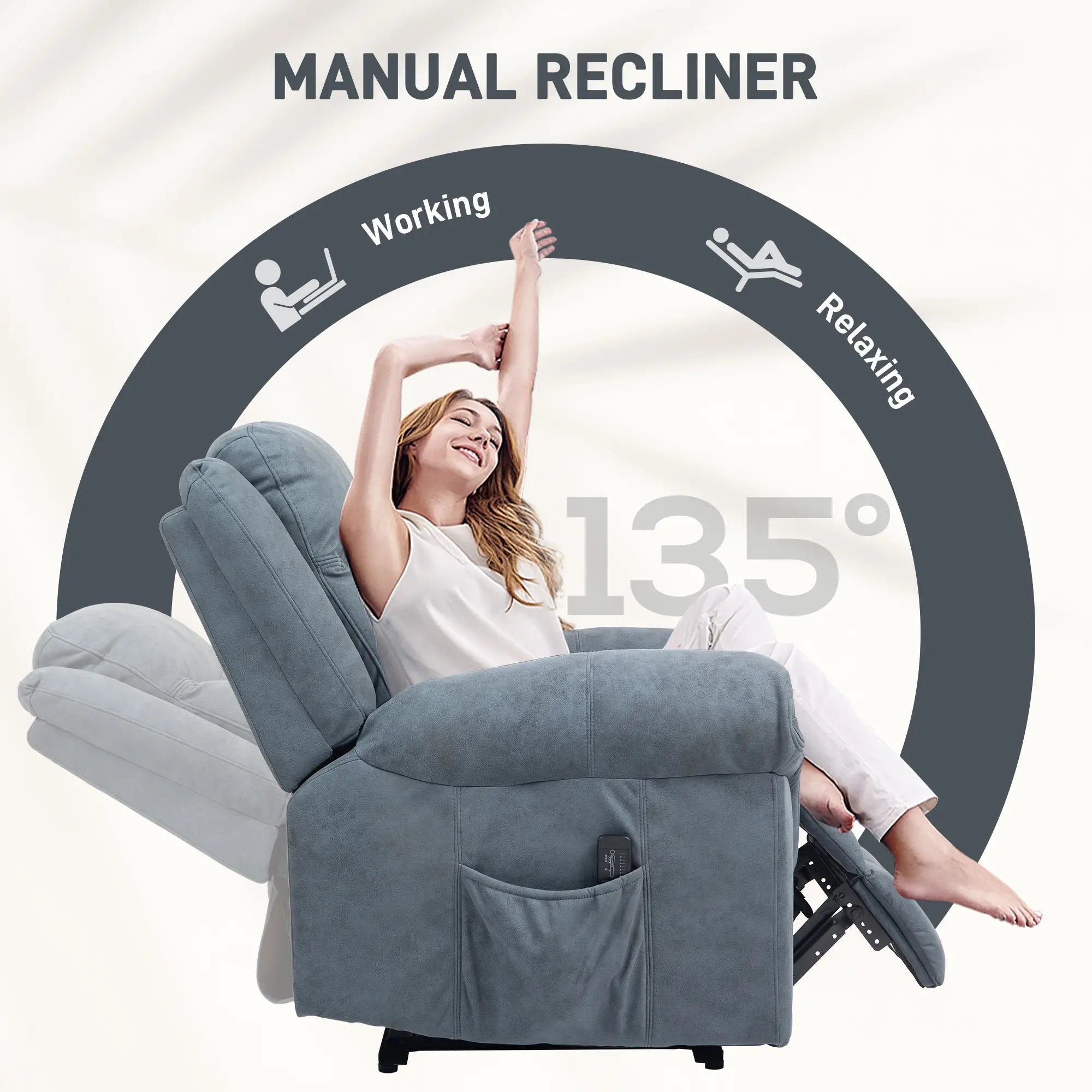 Manual Recliner Chair, Vibration Massage, Side Pockets, Microfibre, Blue-Grey Sofas & Reclining Chairs at Gallery Canada