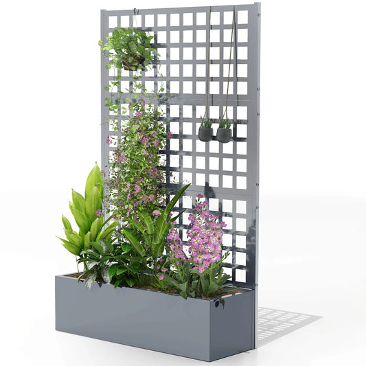 Galvanized Raised Garden Bed Planter Box With Trellis, 43"x16"x70", Grey Wood Effect, Grey Galvanized Planter Boxes Grey Wood Effect at Gallery Canada
