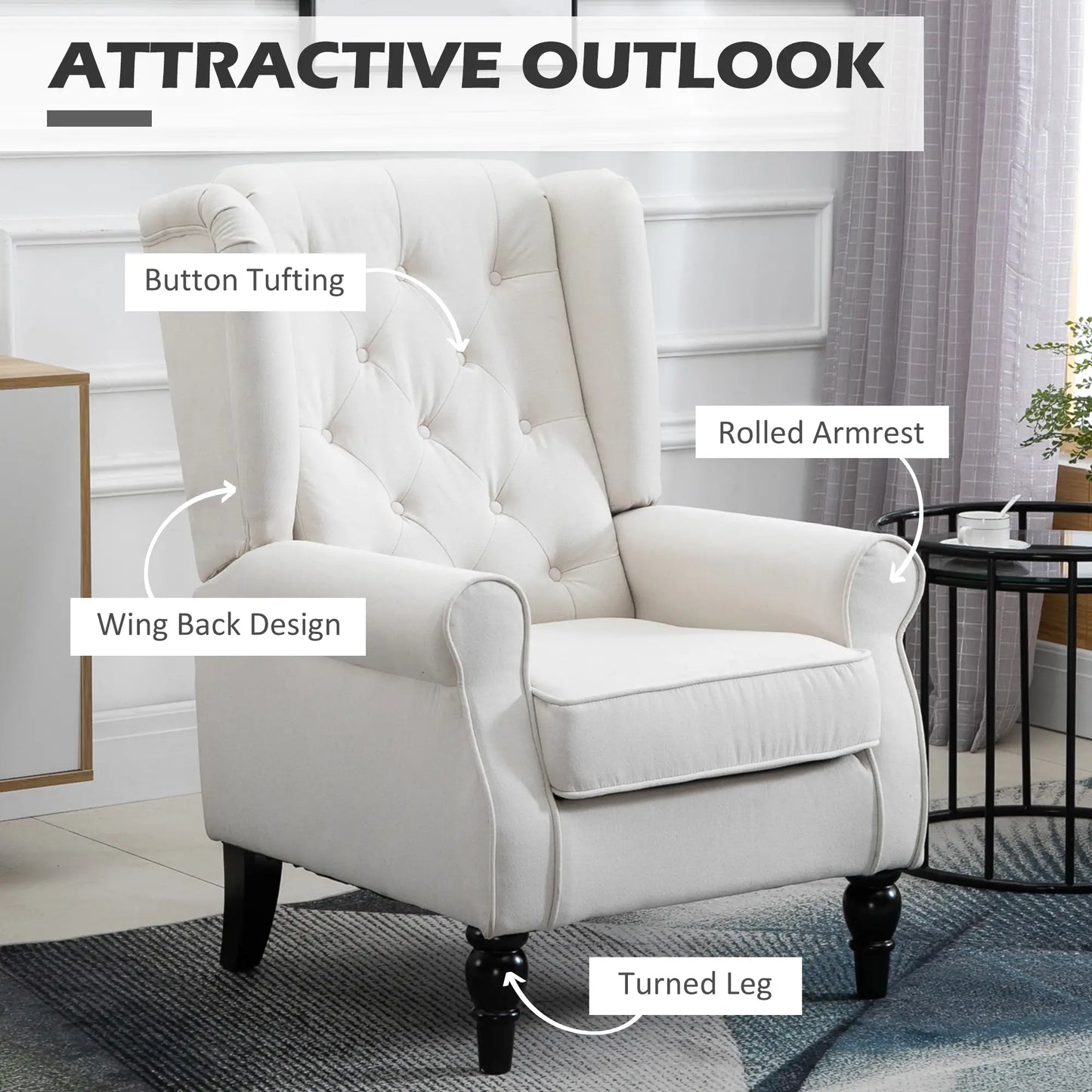 Fabric Accent Chair, Button Tufted Armchair, Upholstered Wingback Chair, White Accent Chairs at Gallery Canada