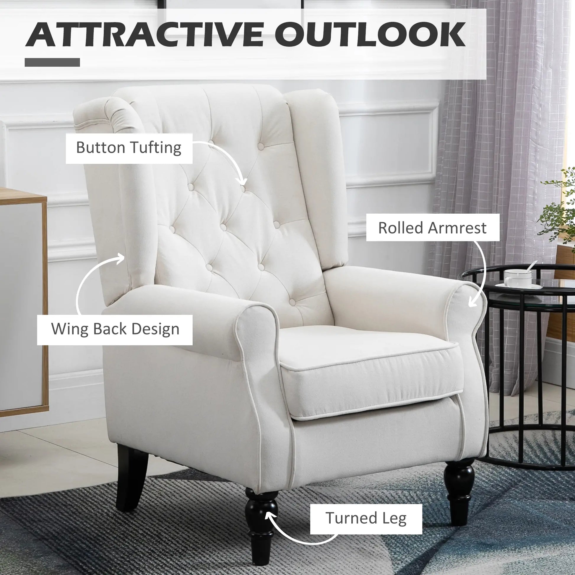 Fabric Accent Chair, Button Tufted Armchair, Upholstered Wingback Chair, White Accent Chairs at Gallery Canada