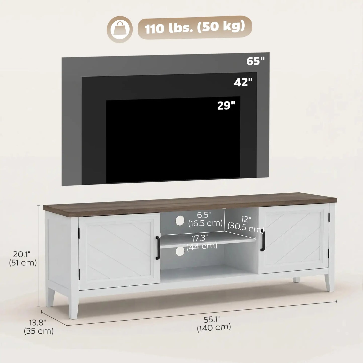 TV Stand For 42 Inch TVs, 2 Shelves 2 Cabinets, White Brown TV Stands at Gallery Canada