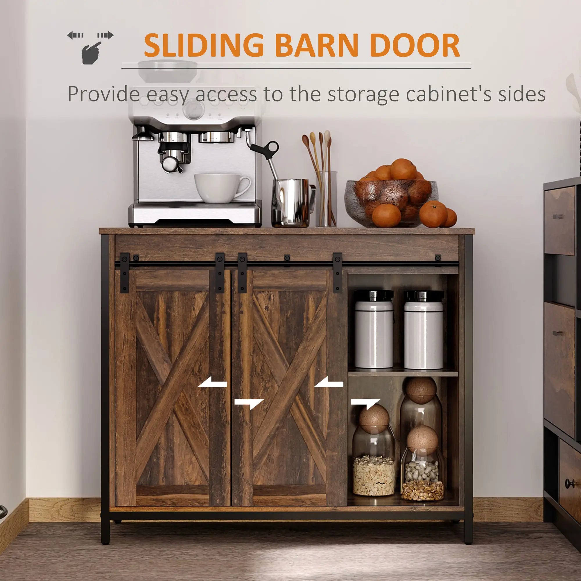 Industrial Sideboard, Buffet Cabinet with Sliding Barn Doors, Rustic Brown, Brown Bar Cabinets at Gallery Canada