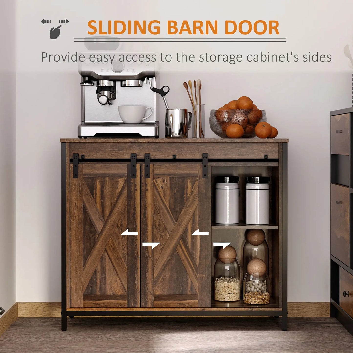 Industrial Sideboard, Buffet Cabinet with Sliding Barn Doors, Rustic Brown, Brown Bar Cabinets at Gallery Canada