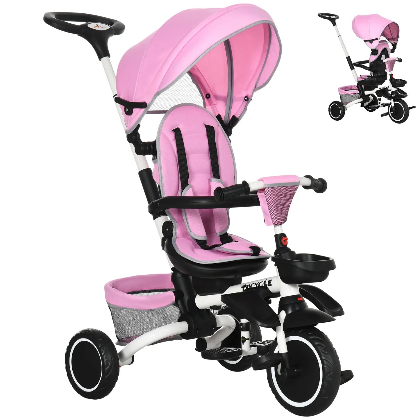6-in-1 Toddler Tricycle, Foldable, Adjustable Seat, Push Handle, Pink Tricycles for Kids Pink, White at Gallery Canada