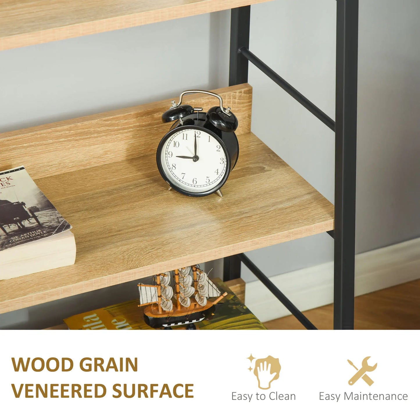 Modern 5-Tier Bookshelf, Metal Frame, Wooden Shelves, Oak Display Bookshelves at Gallery Canada