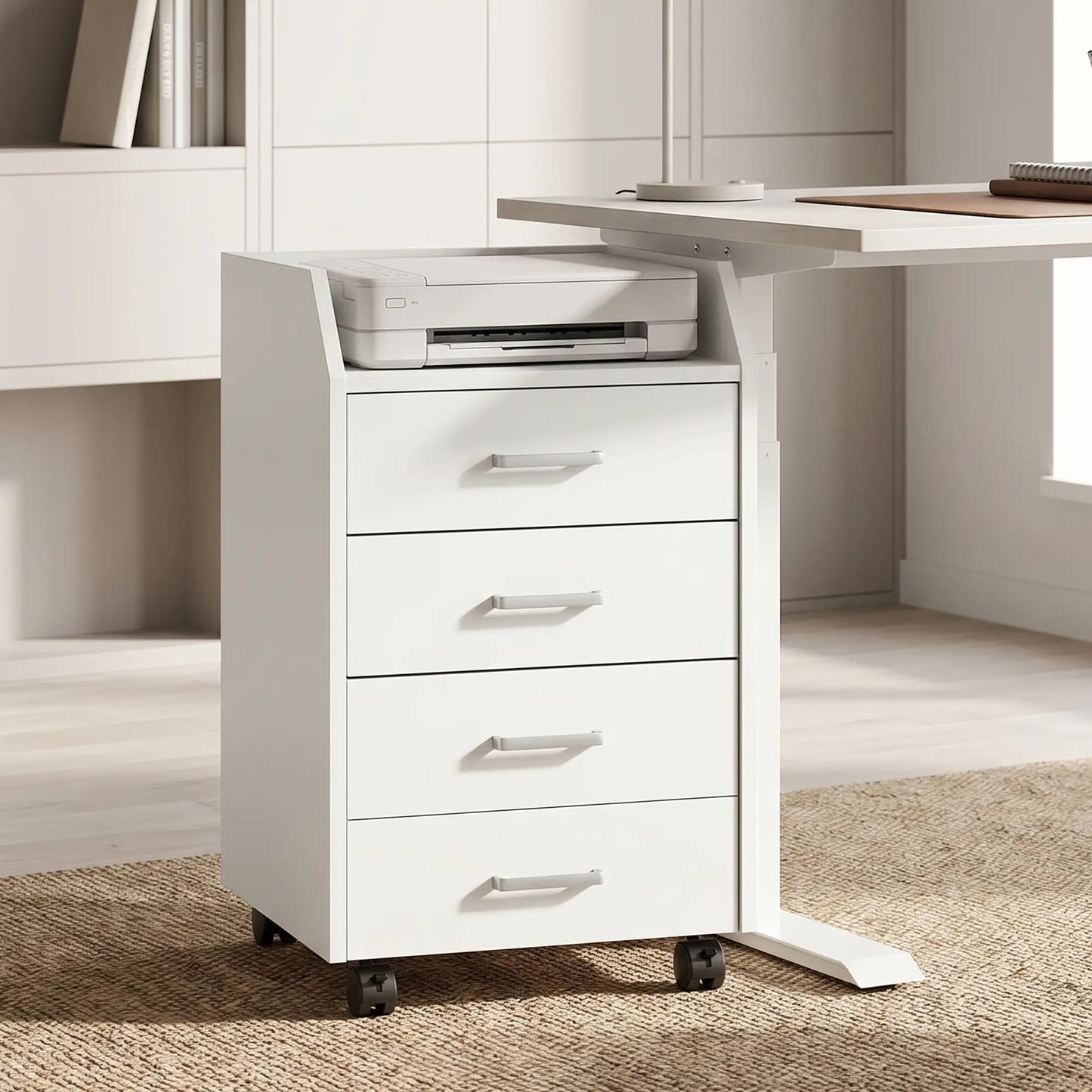 Armoire de classement verticale mobile à 4 tiroirs avec roues verrouillables, blanc
