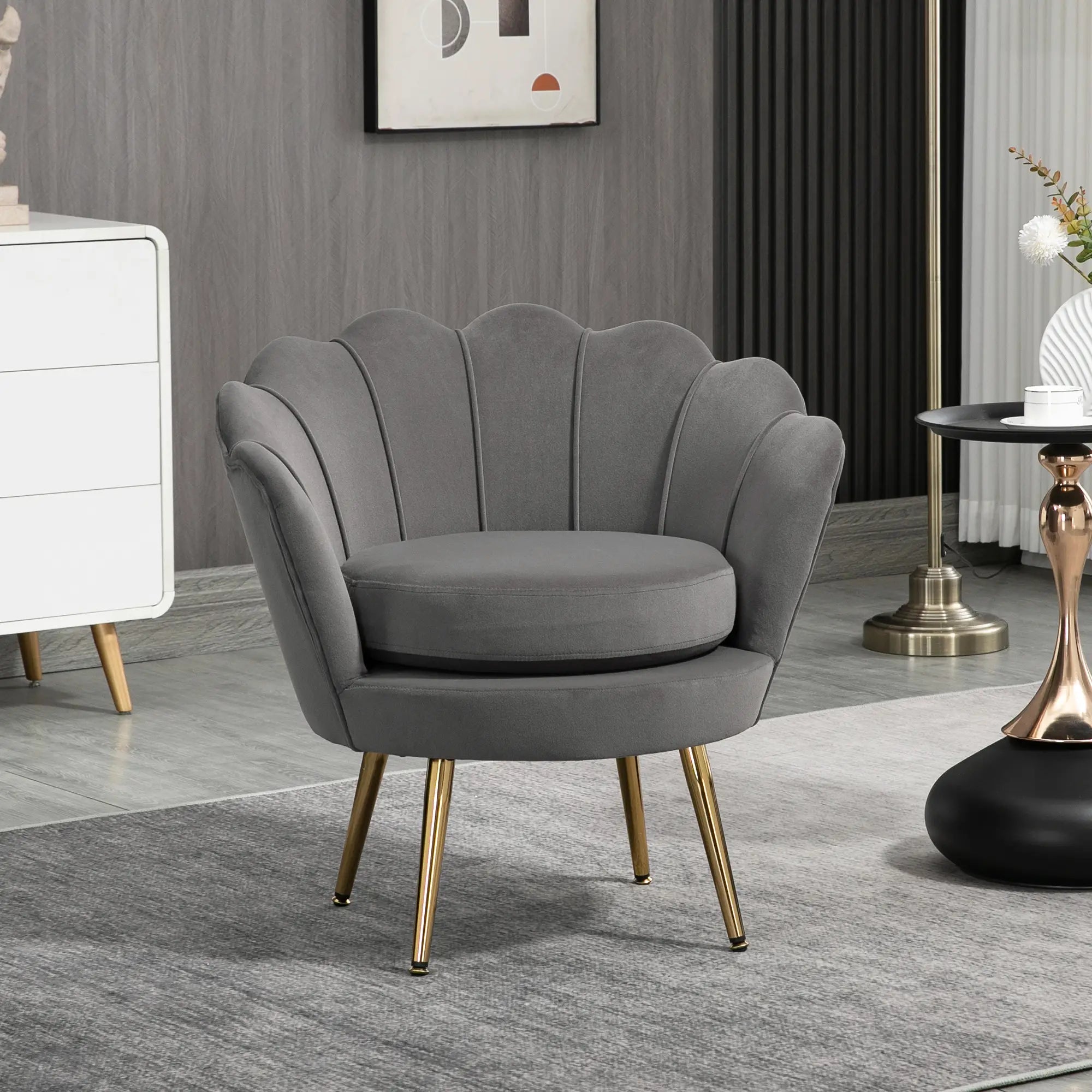 Modern Accent Chair, Velvet-Touch Fabric Leisure Club Chair with Gold Metal Legs for Bedroom, Grey Accent Chairs at Gallery Canada