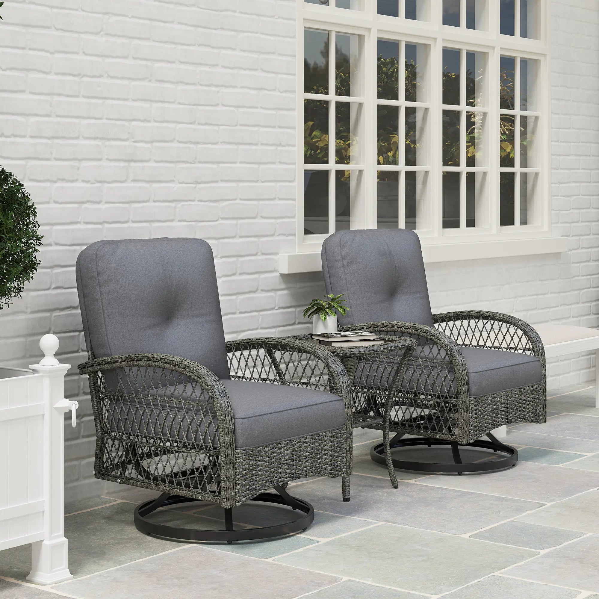 Wicker Balcony Furniture, 3 Piece Patio Set, 2 Swivel Rocking Chairs, 2-Tier Glass Coffee Table, Grey Bistro Sets at Gallery Canada