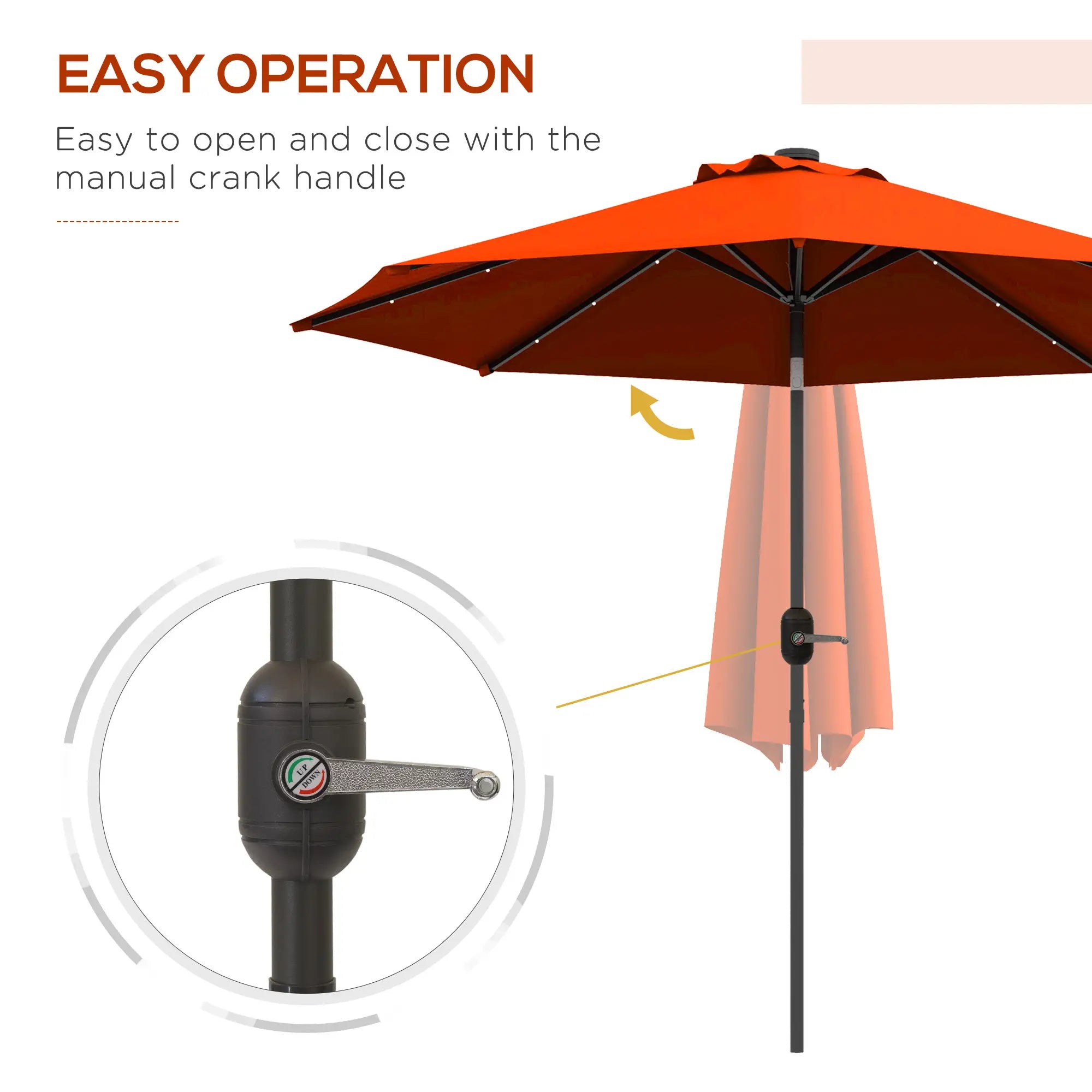 9ft Solar Patio Umbrella, 24 LED Lights, Tilt Canopy, Orange Sun Umbrellas at Gallery Canada