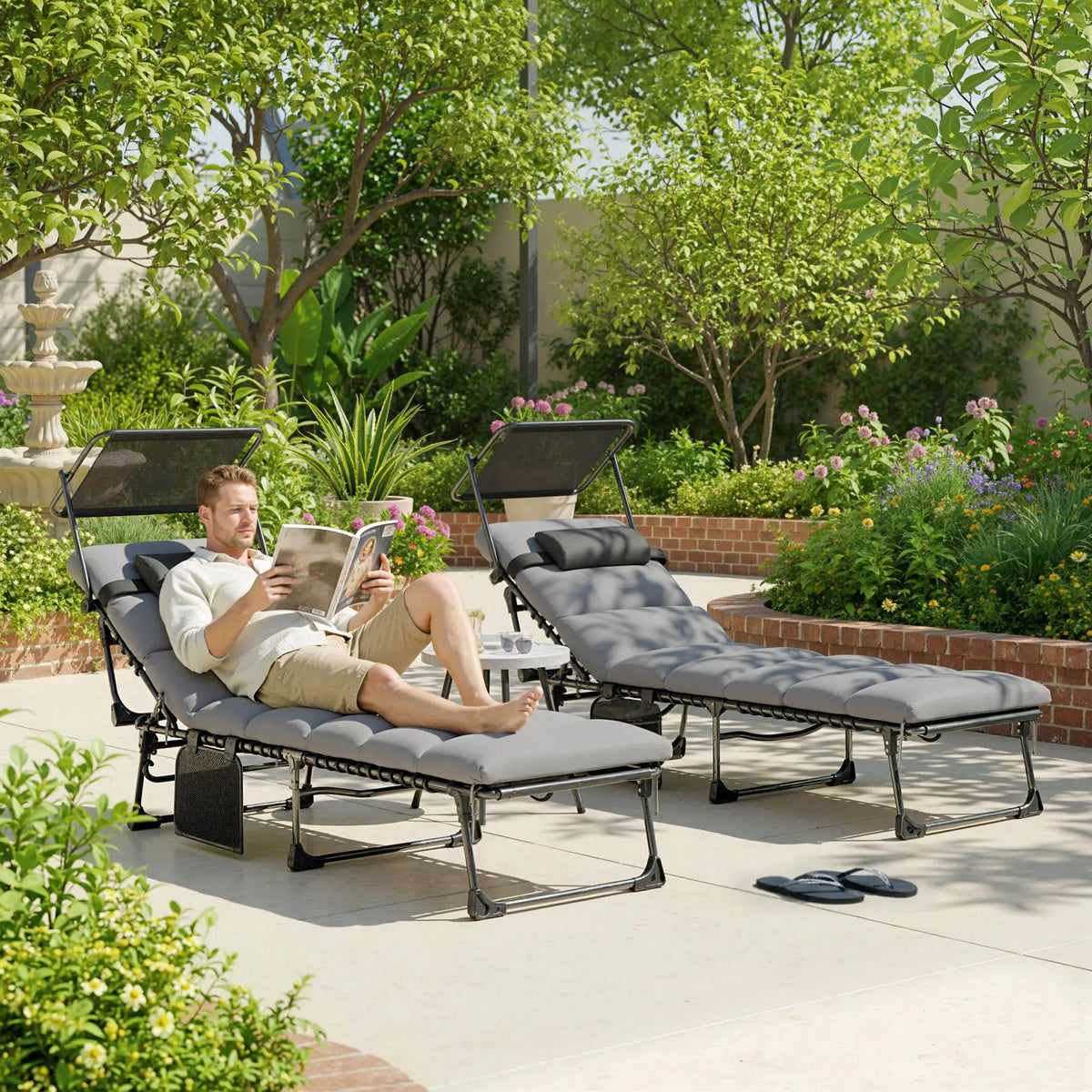 2 PCS Folding Chaise Lounge Chairs, Adjustable 5-Position, Cushion, Canopy, Side Pocket