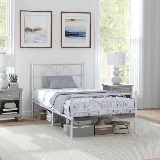 Metal Twin Bed Frame, Headboard, Steel Slat Support, Underbed Storage Bed Frames White at Gallery Canada