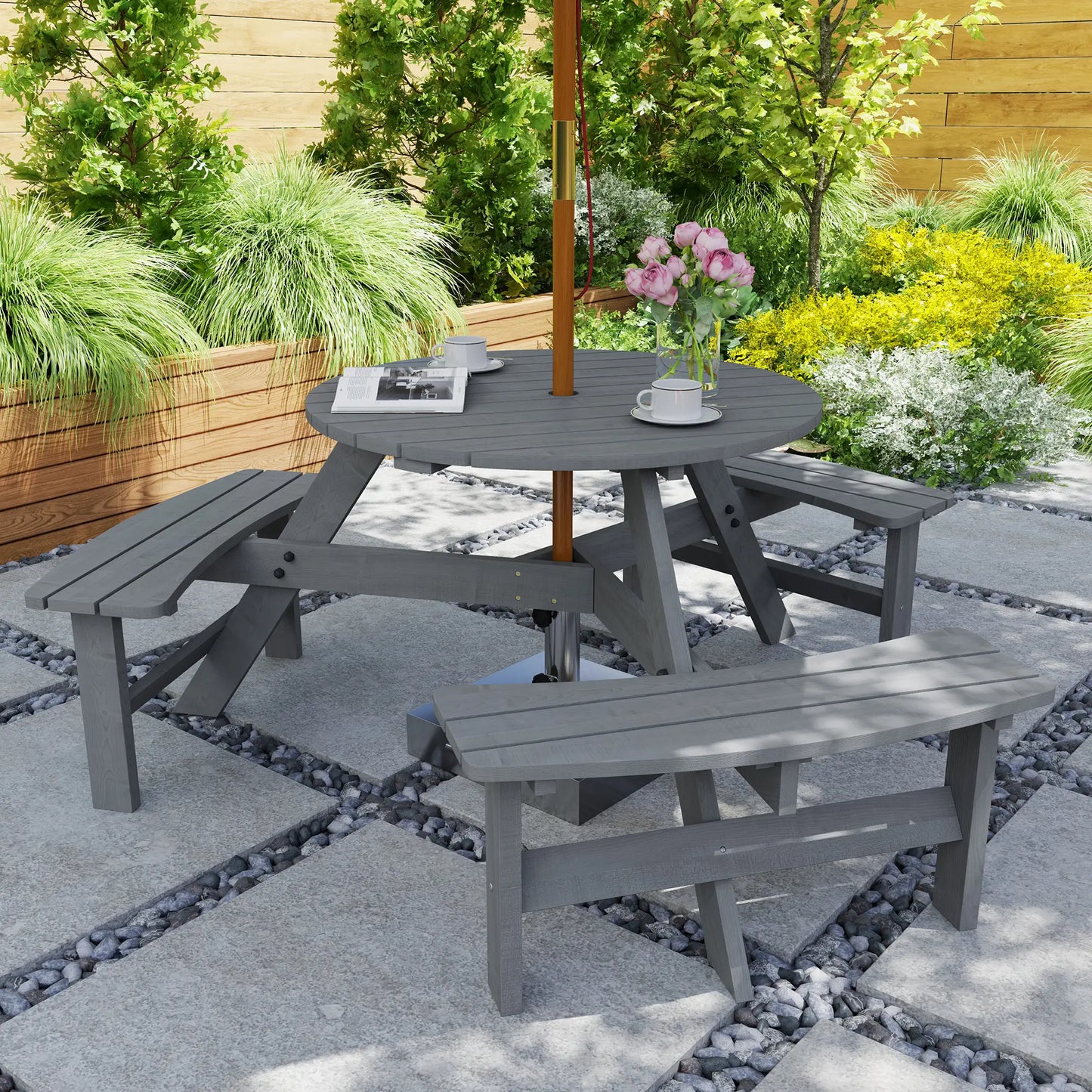 6 Person Round Picnic Table, With Umbrella Hole, 3 Built-in Benches, Grey Outdoor Dining Sets at Gallery Canada