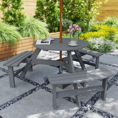6 Person Round Picnic Table, With Umbrella Hole, 3 Built-in Benches, Grey Outdoor Dining Sets at Gallery Canada